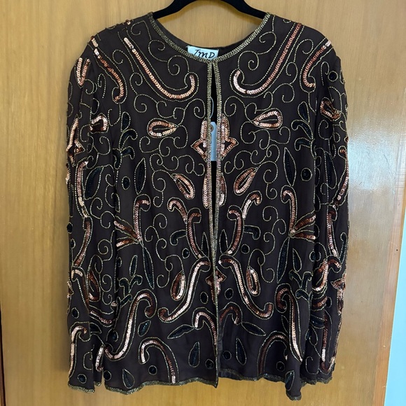 Vintage Silk Beaded Brown Jacket with Gold and Bronze Accents - Picture 1 of 5